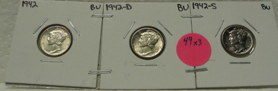 1942, 1942-D, 1942-S BU MERCURY DIMES - 3 TIMES MONEY