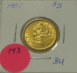 1907 BU 5 DOLLAR LIBERTY GOLD COIN