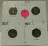 1859, 1860, 1862, 1863 INDIAN HEAD CENTS - 4 TIMES MONEY