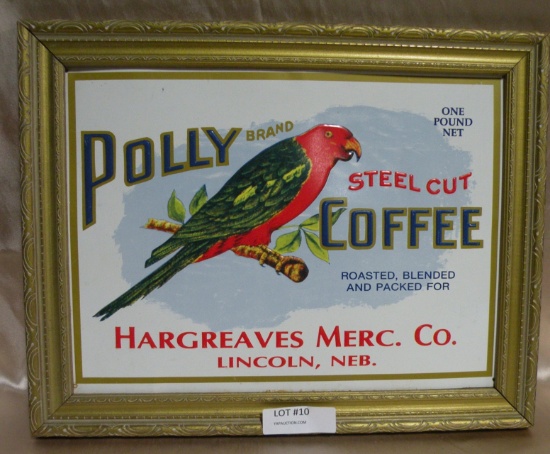 FRAMED POLLY BRAND COFFEE TIN SIGN - HARGREAVES MERC. CO., LINCOLN NEB.