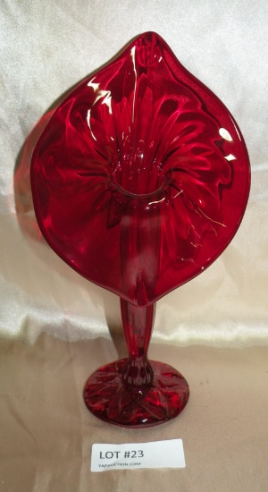 RUBY RED GLASS JACK-IN-THE-PULPIT VASE - SIGNED BY THE ARTIST