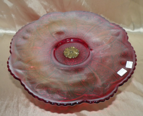 RUBY CARNIVAL GLASS PEDESTAL CAKE PLATE