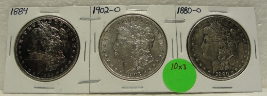 1880-O, 1884, 1902-O MORGAN SILVER DOLLARS - 3 TIMES MONEY
