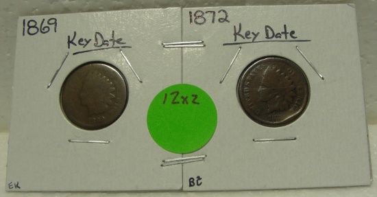 1869, 1872 KEY DATE INDIAN HEAD CENTS - 2 TIMES MONEY