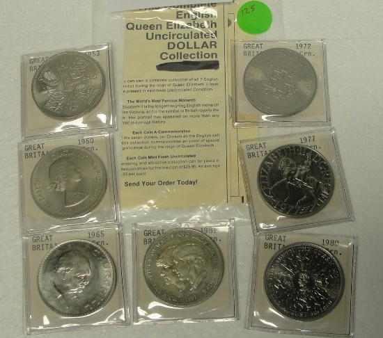 COMPLETE SET OF 7 ENGLISH QUEEN ELIZABETH UNC DOLLAR COLLECTION - 1953-1981
