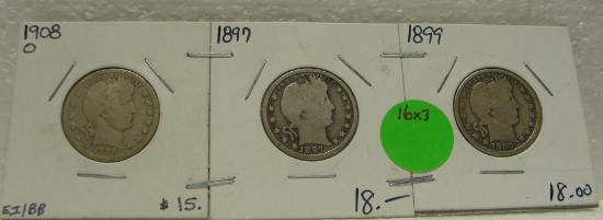 1897, 1899, 1908-O BARBER QUARTERS - 3 TIMES MONEY