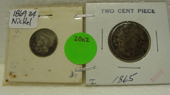 1865 2 CENT, 1869 NICKEL 3 CENT COINS - 2 TIMES MONEY
