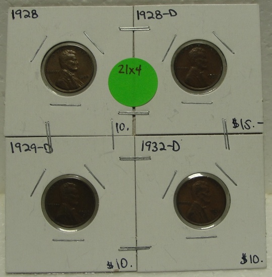 1928, 1928-D, 1929-D, 1932-D LINCOLN WHEAT CENTS - 4 TIMES MONEY