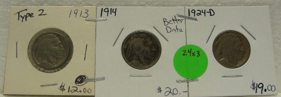 1913 TYPE 2, 1914, 1924-D BUFFALO NICKELS - 3 TIMES MONEY