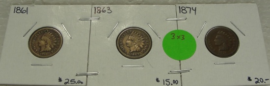 1861, 1863, 1874 INDIAN HEAD CENTS - 3 TIMES MONEY