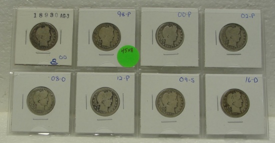1893-O, 1898, 1900, 02, 08-O, 09-S, 12, 16-D BARBER QUARTERS - 8 TIMES MONEY
