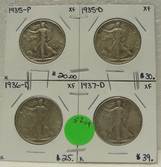 1935, 35-D, 36-D, 37-D WALKING LIBERTY HALF DOLLARS - 4 TIMES MONEY