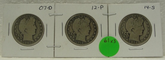 1907-D, 1912, 1914-S BARBER HALF DOLLARS - 3 TIMES MONEY