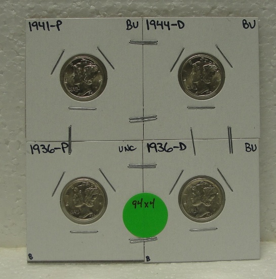 1936, 1936-D, 1941, 1944-D BU MERCURY DIMES - 4 TIMES MONEY