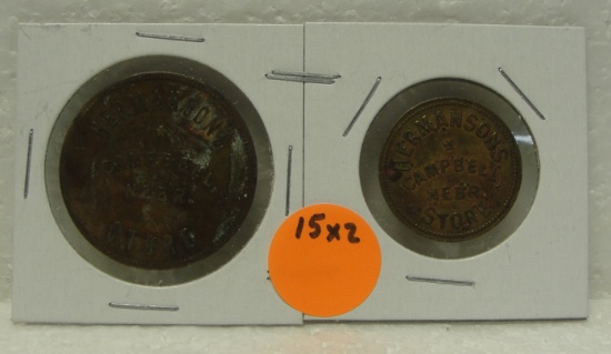 2 HERMANSON'S STORE TRADE TOKENS - CAMPBELL, NEBR. - 2 TIMES MONEY