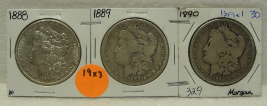 1888, 1889, 1890 MORGAN SILVER DOLLARS - 3 TIMES MONEY