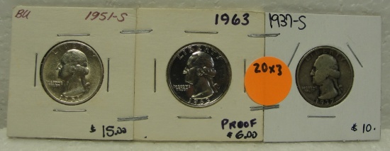 1937-S, 1951-S, 1963 SILVER WASHINGTON QUARTERS - 3 TIMES MONEY