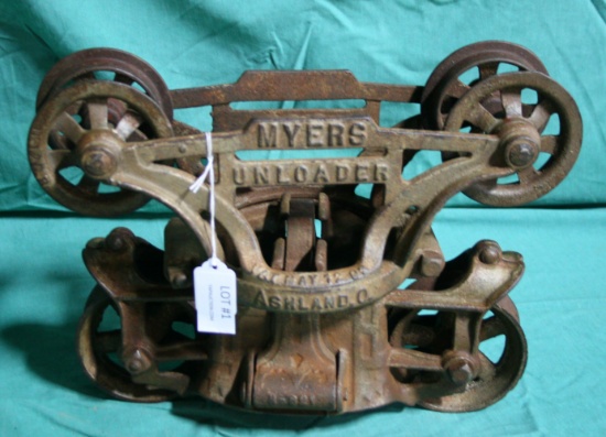 PRIMITIVE MYERS CAST IRON BARN TROLLEY