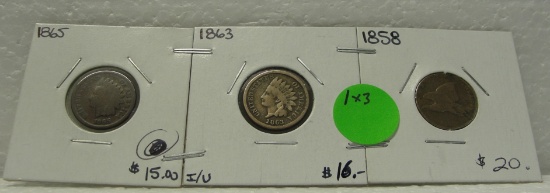 1858 FLYING EAGLE, 1863, 1865 INDIAN HEAD CENTS - 3 TIMES MONEY