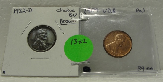 1909-VDB, 1932-D BU LINCOLN WHEAT CENTS - 2 TIMES MONEY