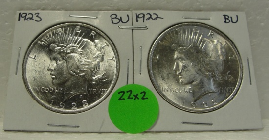 1922, 1923 BU SILVER PEACE DOLLARS - 2 TIMES MONEY