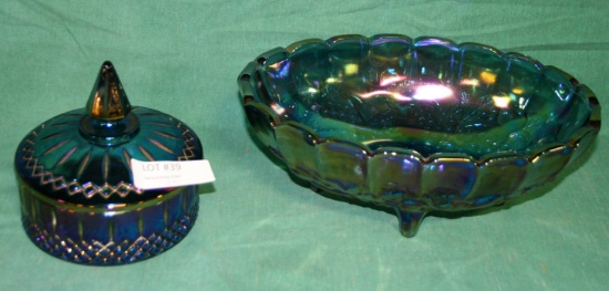 CARNIVAL GLASS FOOTED FRUIT BOWL, LIDDED CANDY DISH