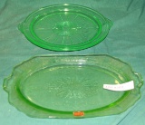 2 GREEN VASELINE GLASS PLATTERS