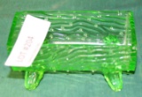 GREEN VASELINE GLASS 4-FOOTED LOG STYLE CONDIMENT DISH
