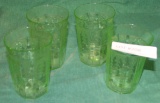MATCHING SET OF 4 GREEN VASELINE GLASS TUMBLERS