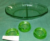 3 GREEN VASELINE GLASS FURNITURE COASTERS, DIVIDED RELISH DISH