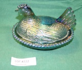 BLUE CARNIVAL GLASS HEN ON A NEST CANDY DISH