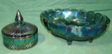 BLUE CARNIVAL GLASS 4-FOOTED FRUIT BOWL, LIDDED CANDY DISH