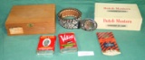 FLAT BOX OF TOBACCO ADVERTISING, LEATHER BELT W/BUCKLE
