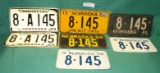 2 MATCHING PAIRS, 3 SINGLE HALL CO. NEBR. LICENSE PLATES - 1945-1969