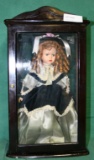 PORCELAIN DOLL W/STAND, WOOD/GLASS DISPLAY CASE