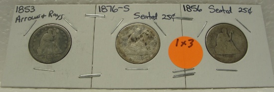 1853, 1856, 1876-S SEATED LIBERTY QUARTERS - 3 TIMES MONEY