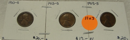 1910-S, 1913-S, 1915-S LINCOLN WHEAT CENTS - 3 TIMES MONEY