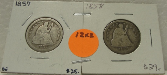 1857, 1858 SEATED LIBERTY QUARTERS - 2 TIMES MONEY