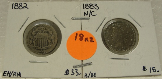 1882 SHIELD, 1883 NO CENTS LIBERTY NICKELS - 2 TIMES MONEY
