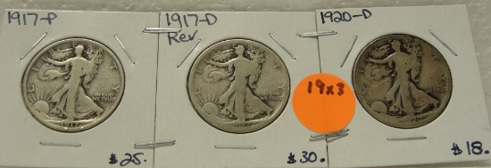 1917, 1917-D REVERSE, 1920-D WALKING LIBERTY HALF DOLLARS - 3 TIMES MONEY