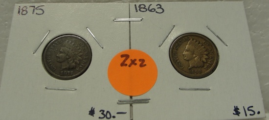 1863, 1875 INDIAN HEAD CENTS - 2 TIMES MONEY