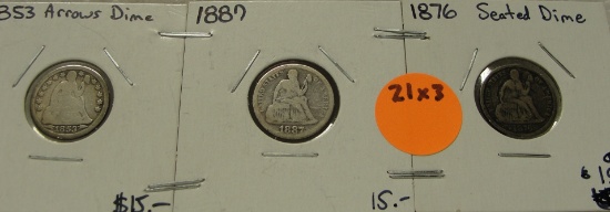 1853, 1876, 1887 SEATED LIBERTY DIMES - 3 TIMES MONEY