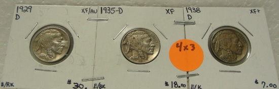1929-D, 1935-D, 1938-D BUFFALO NICKELS - 3 TIMES MONEY