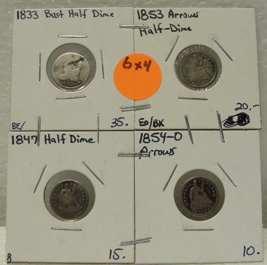 1833, 1847, 1853, 1854-O HALF DIMES - 4 TIMES MONEY