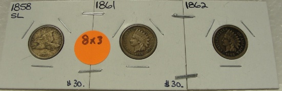 1858 SMALL LETTERS FLYING EAGLE, 1861, 1862 INDIAN HEAD CENTS - 3 TIMES MONEY