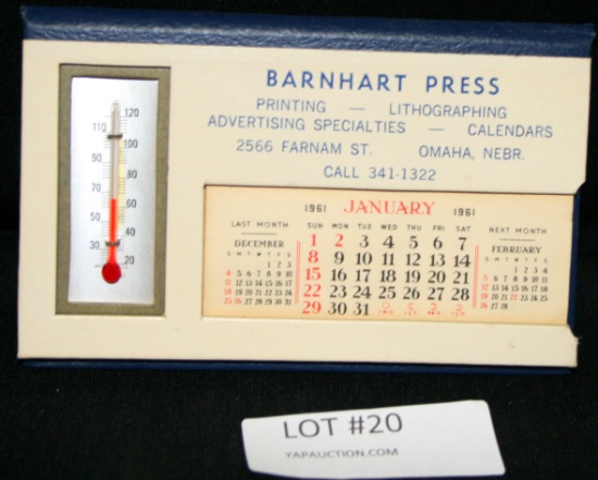 BARNHART PRESS 1961 CALENDAR W/THERMOMETER - OMAHA NEBR.