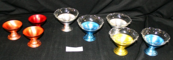 8 VTG. ALUMINUM PARFAIT BASES W/5 GLASS INSERTS