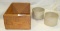 SMALL UNMARKED WOOD BOX W/2 SMALL STONEWARE CROCKS - 1 RED WING
