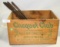 WOODEN GINGER ALE BOX W/5 IRON ASH SHOVELS