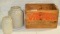 DUPONT PETERS VICTOR SMALL ARMS AMMO WOOD BOX W/2 STONEWARE JARS
